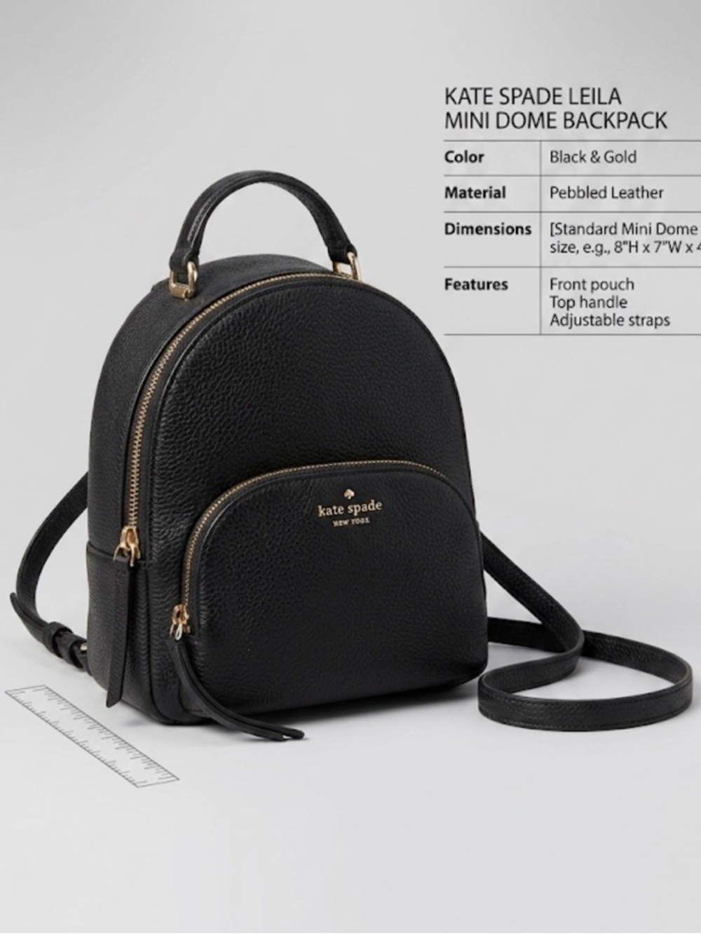 Kate Spade Leila Mini Dome Backpack Black Pebbled Leather Gold Logo Bag